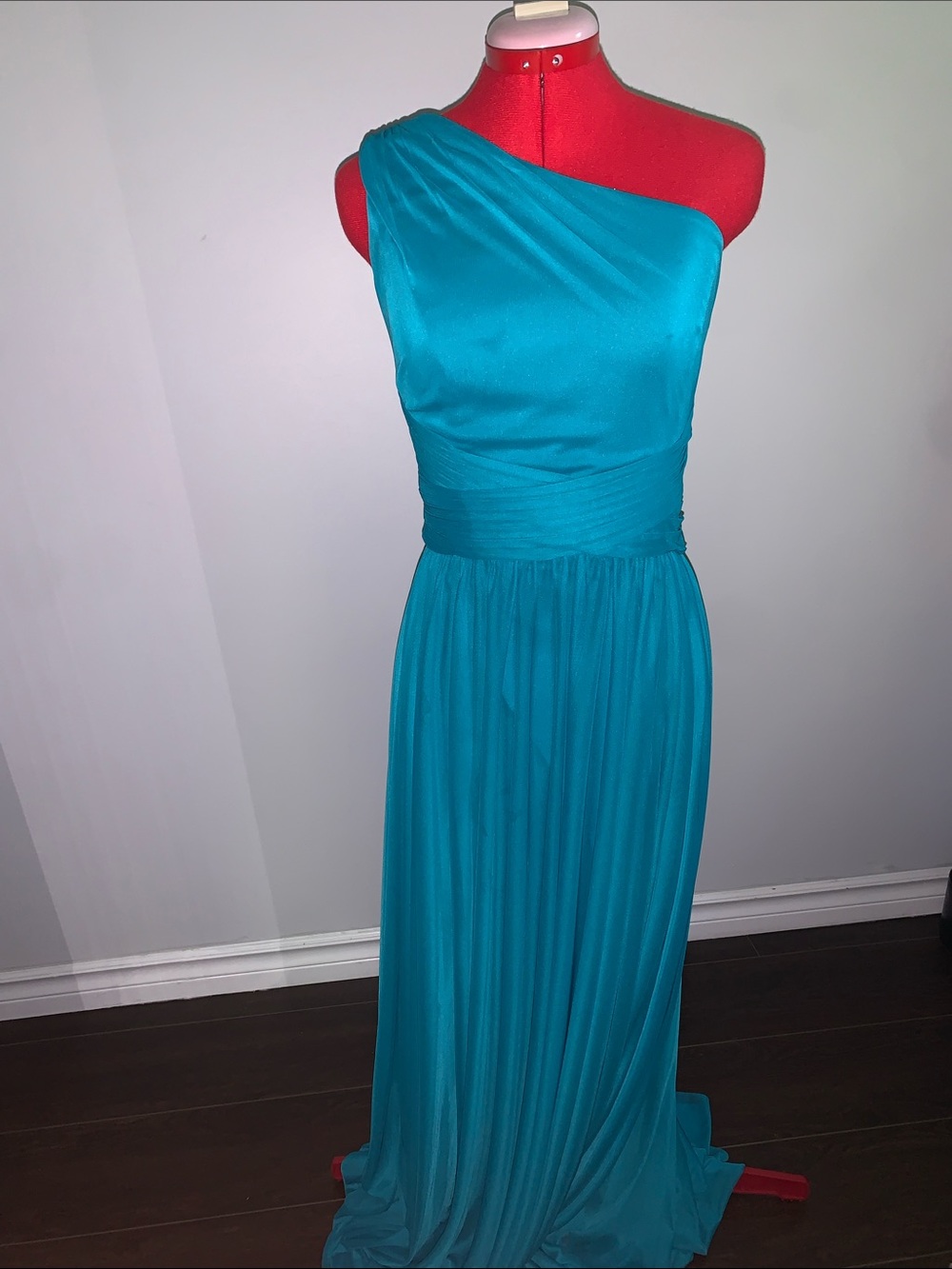 David's Bridal One-Shoulder Teal Evening Gown